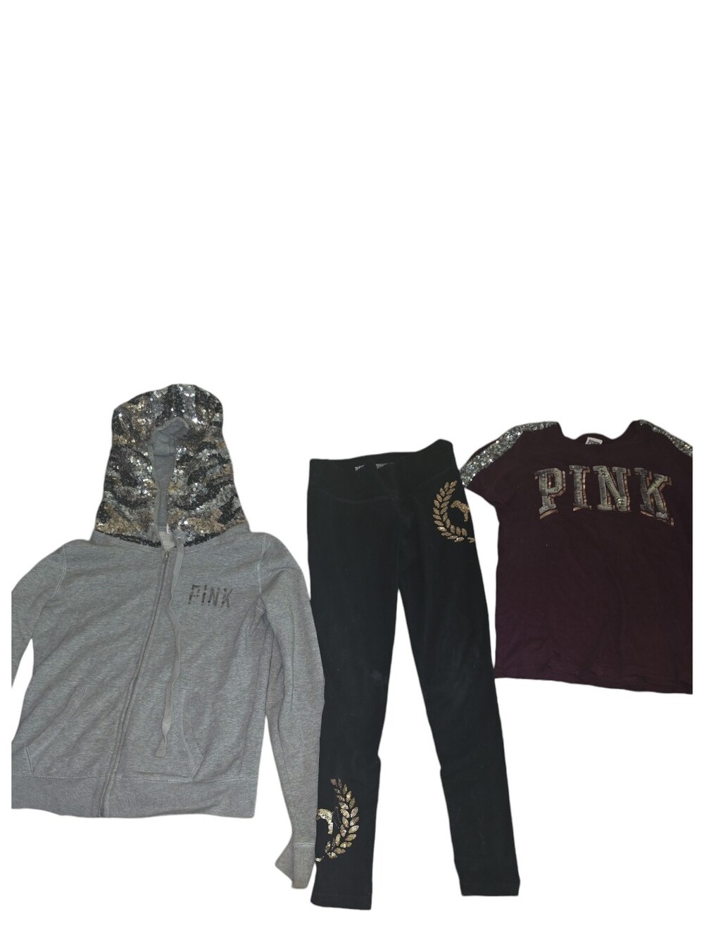 PINK Victoria's Secret Limited Edition Hoodie &Burgundy Tee & Black Leggings Set - Picture 8 of 10